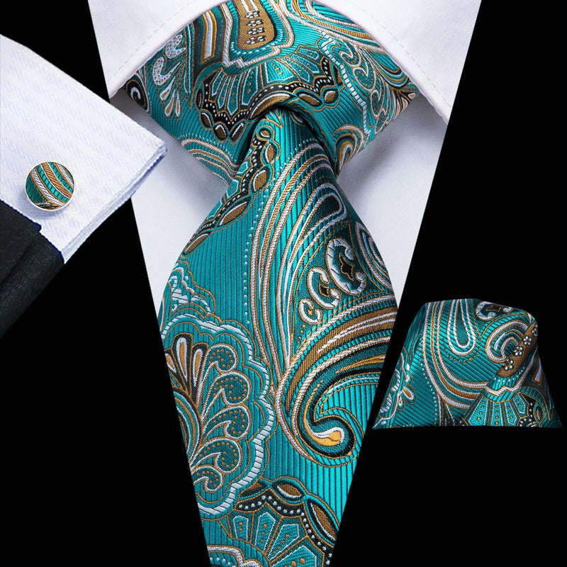 Turquoise Paisley Silk Tie - With Matching Cufflinks & Pocket Square