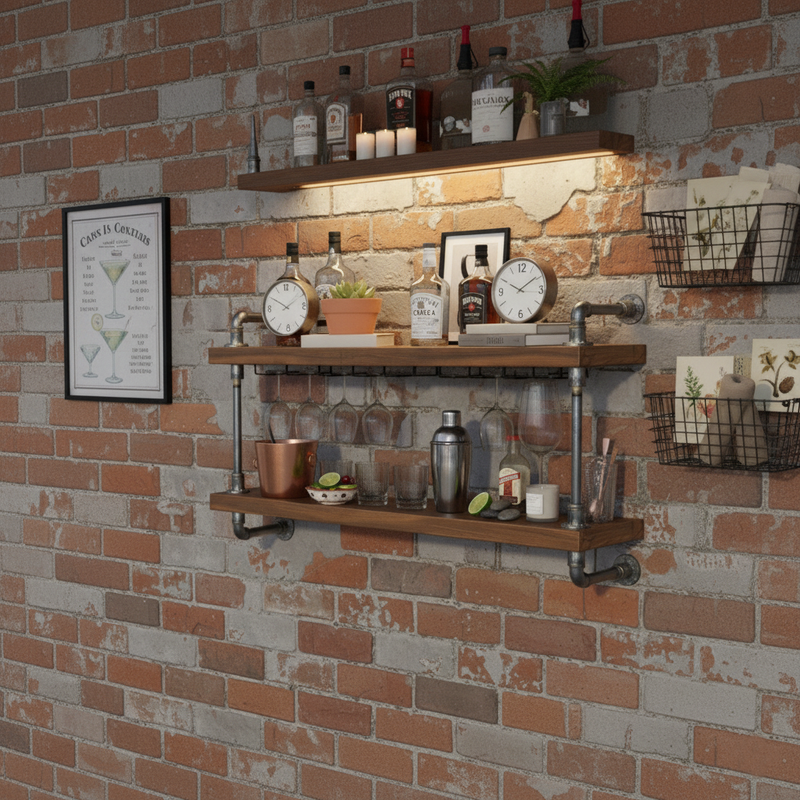 Double Shelf Industrial Home Bar Counter - Dark Oak
