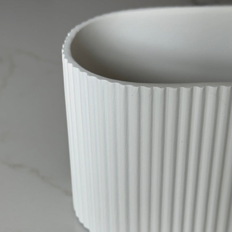 Flutini | White Fluted Oval Stone Resin Indoor Plant Pots (2 Pot Set)