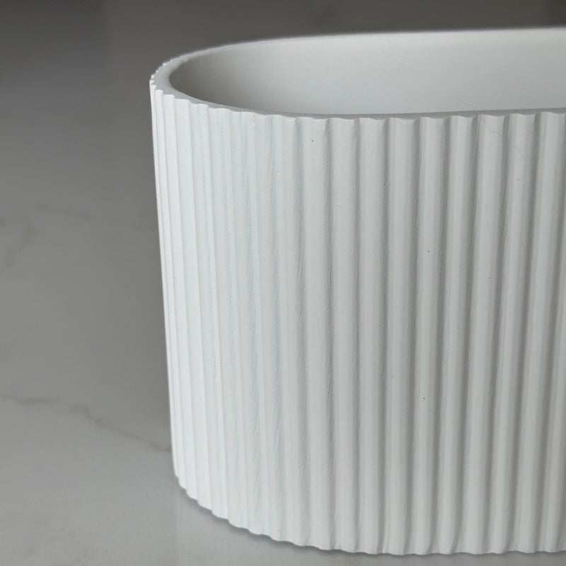 Flutini | White Fluted Oval Stone Resin Indoor Plant Pots (2 Pot Set)