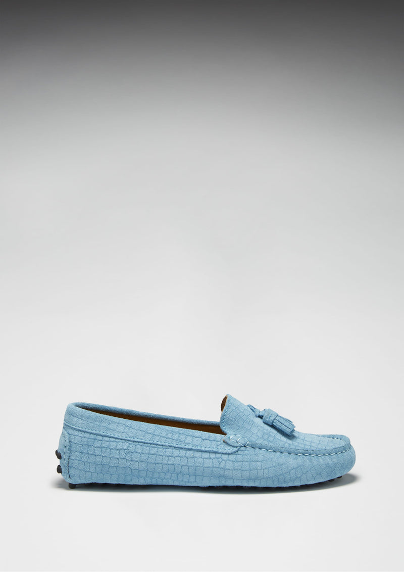 Women's Tasselled Driving Loafers, blue embossed suede
