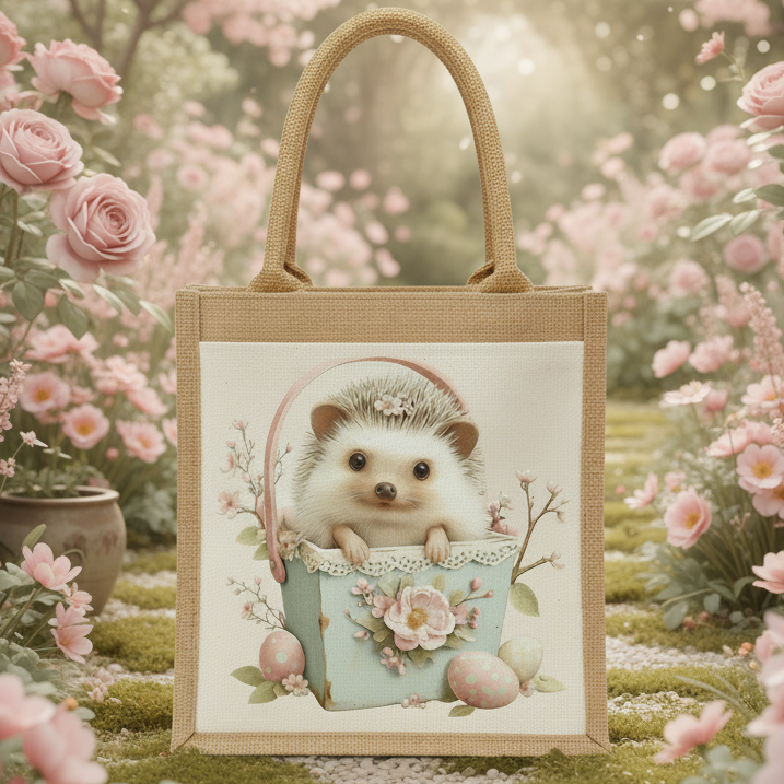 Hedgehog In Floral Basket Jute Bag