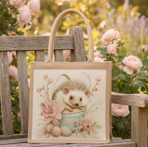 Hedgehog In Basket Pink Floral Jute Bag