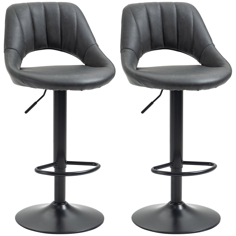HOMCOM Bar Stools Set of 2, Swivel Counter Height Barstools with Back, Adjustable PU Leather Bar Chairs, Modern Armless Kitchen Island Stool, Dark Grey