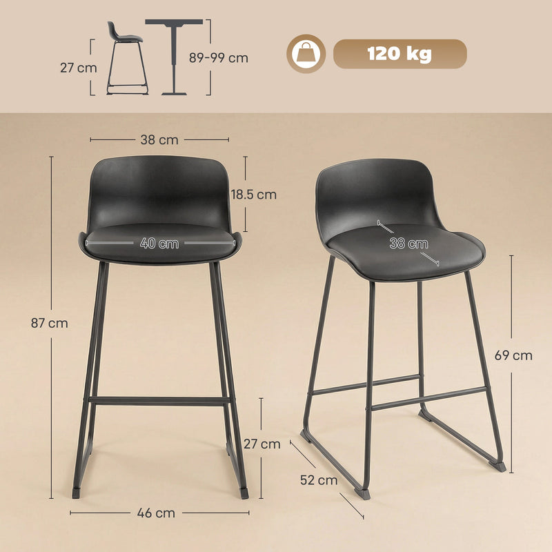 HOMCOM Modern Bar Stools Set of 2, PU Leather Barstools, Counter Height Kitchen Chairs for Breakfast Bars, Dining Room, Black