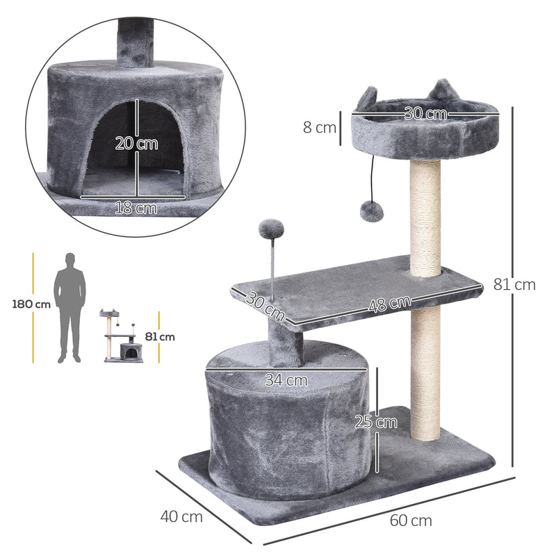 PawHut Cat Tree for Indoor Cats with Scratching Post Climbing Tower Kitty Activity Centre Condo Perch Jumping Platforms Grey 60L x 40W x 81H cm