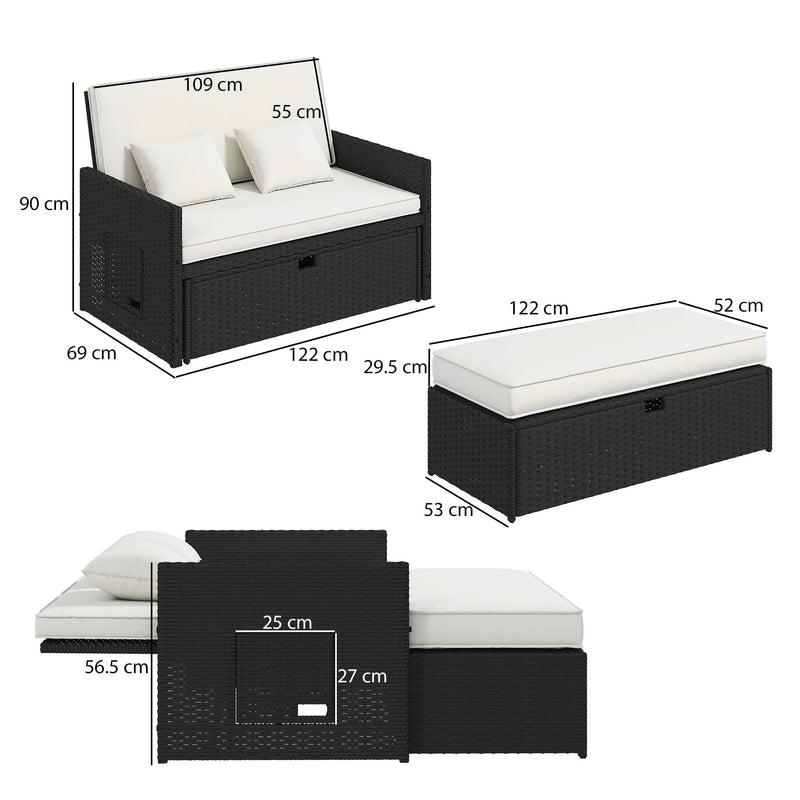 Outsunny Rattan Garden Daybed, Double Sun Lounger with 5-Level Adjustable Back, Storage Ottoman, Cream White